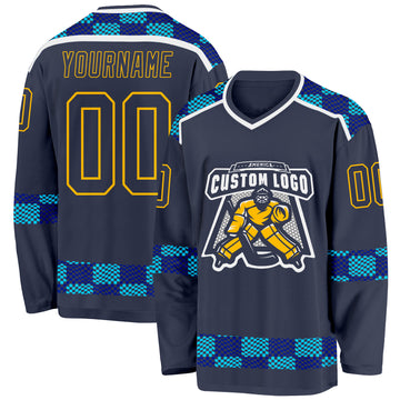 Custom Navy Blue Gold-White 3D Pattern Plaid Hockey Jersey