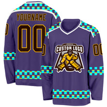 Charger l'image dans la galerie, Custom Purple Brown Gold Blue Light Yellow-White 3D Pattern Plaid Hockey Jersey
