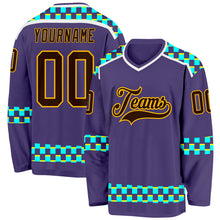 Charger l'image dans la galerie, Custom Purple Brown Gold Blue Light Yellow-White 3D Pattern Plaid Hockey Jersey
