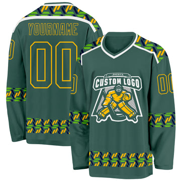 Custom Green Gold-White 3D Pattern Plaid Hockey Jersey