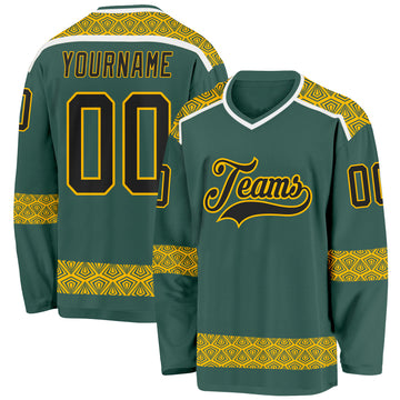 Custom Green Black Gold-White 3D Pattern Plaid Hockey Jersey