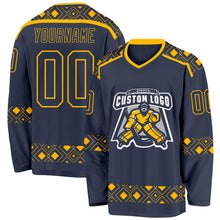Charger l'image dans la galerie, Custom Navy Gold 3D Pattern Plaid Hockey Jersey
