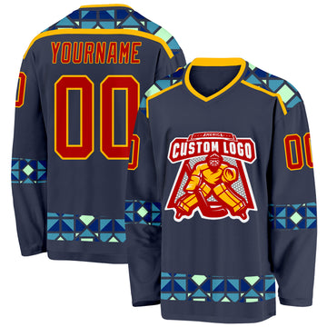 Custom Navy Red Blue Pea Green-Gold 3D Pattern Plaid Hockey Jersey
