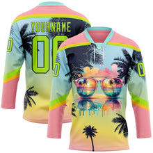 Charger l'image dans la galerie, Custom Medium Pink Neon Green Yellow-Black 3D Pattern Gradient Hawaii Tropical Palm Trees Hockey Lace Neck Jersey
