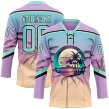 Laden Sie das Bild in den Galerie-Viewer, Custom Light Purple Ice Blue-Brown 3D Pattern Gradient Hawaii Tropical Palm Trees Hockey Lace Neck Jersey
