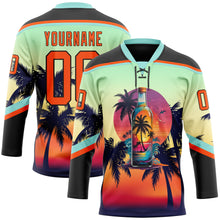 Laden Sie das Bild in den Galerie-Viewer, Custom Black Orange Ice Blue-Brown 3D Pattern Gradient Hawaii Tropical Palm Trees Hockey Lace Neck Jersey
