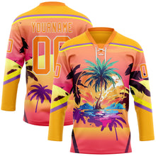 Загрузить изображение в средство просмотра галереи, Custom Yellow Bay Orange Medium Purple-White 3D Pattern Gradient Hawaii Tropical Palm Trees Hockey Lace Neck Jersey
