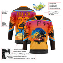 Laden Sie das Bild in den Galerie-Viewer, Custom Brown Bay Orange Yellow-Sky Blue 3D Pattern Gradient Hawaii Tropical Palm Trees Hockey Lace Neck Jersey
