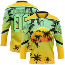 Laden Sie das Bild in den Galerie-Viewer, Custom Yellow Pea Green-Brown 3D Pattern Gradient Hawaii Tropical Palm Trees Hockey Lace Neck Jersey
