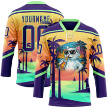 Charger l'image dans la galerie, Custom Purple Yellow-Pea Green 3D Pattern Gradient Hawaii Tropical Palm Trees Hockey Lace Neck Jersey
