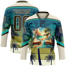 Laden Sie das Bild in den Galerie-Viewer, Custom Cream Olive-Blue 3D Pattern Gradient Hawaii Tropical Palm Trees Hockey Lace Neck Jersey
