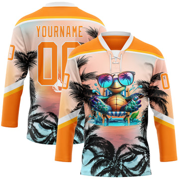 Custom Bay Orange Blue Gold-White 3D Pattern Gradient Hawaii Tropical Palm Trees Hockey Lace Neck Jersey