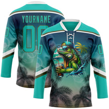 Charger l'image dans la galerie, Custom Aqua Blue Olive-White 3D Pattern Gradient Hawaii Tropical Palm Trees Hockey Lace Neck Jersey
