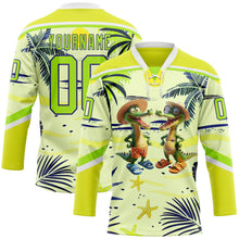 Charger l'image dans la galerie, Custom Neon Yellow Neon Green Dark Purple-White 3D Pattern Hawaii Tropical Palm Trees Hockey Lace Neck Jersey
