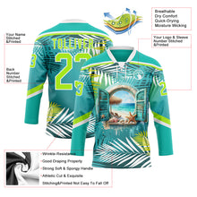 Charger l'image dans la galerie, Custom Aqua Neon Green-White 3D Pattern Hawaii Tropical Palm Trees Hockey Lace Neck Jersey

