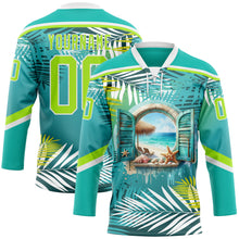 Charger l'image dans la galerie, Custom Aqua Neon Green-White 3D Pattern Hawaii Tropical Palm Trees Hockey Lace Neck Jersey
