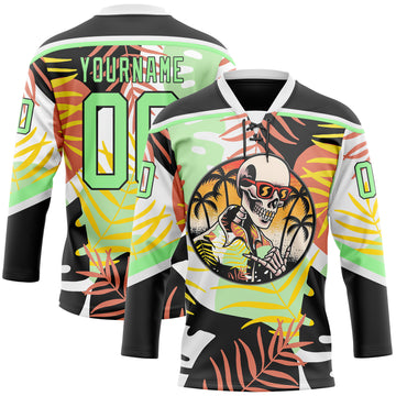 Custom Black Pea Green-White 3D Pattern Hawaii Tropical Palm Trees Hockey Lace Neck Jersey