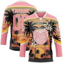 Charger l'image dans la galerie, Custom Medium Pink Cream Yellow-Black 3D Pattern Gradient Hawaii Tropical Palm Trees Hockey Lace Neck Jersey
