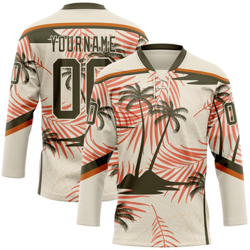Custom Cream Olive-Texas Orange 3D Pattern Hawaii Tropical Palm Trees Hockey Lace Neck Jersey