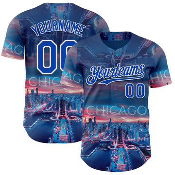 Custom Blue Thunder Blue-White Chicago Illinois Cityscape Skyline City Symbol Authentic Baseball Jersey