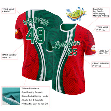 Custom Kelly Green Fire Red-White Mexico Snake Python Print Performance T-Shirt