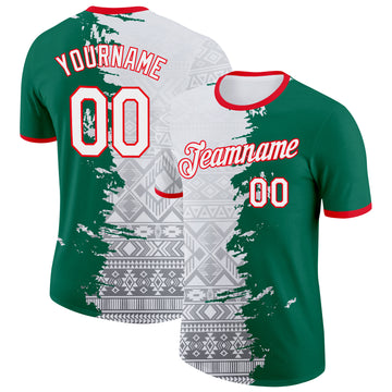 Custom White Kelly Green-Fire Red Mexico Tribal Performance T-Shirt