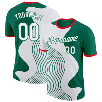 Custom White Kelly Green-Fire Red Mexico Performance T-Shirt