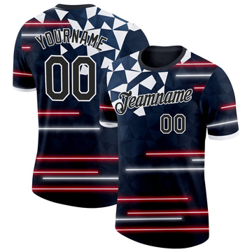Custom Blue Black Red-White American Abstract Geometric Shape Line Performance T-Shirt