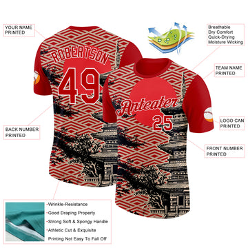Custom Red Cream Black-White Japan Pagoda Performance T-Shirt