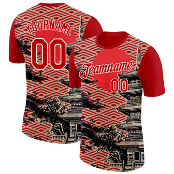 Custom Red Cream Black-White Japan Pagoda Performance T-Shirt