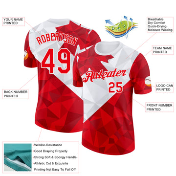 Custom White Fire Red Canada Maple Leaf Geometric Shape Performance T-Shirt