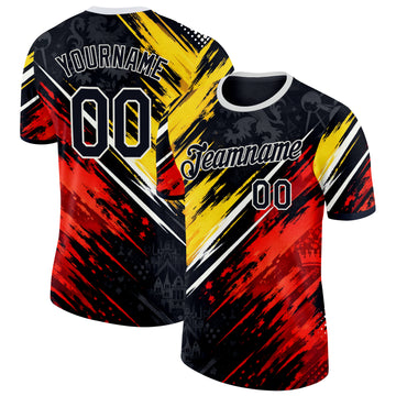 Custom Black Red White-Yellow Belgium Splash Performance T-Shirt