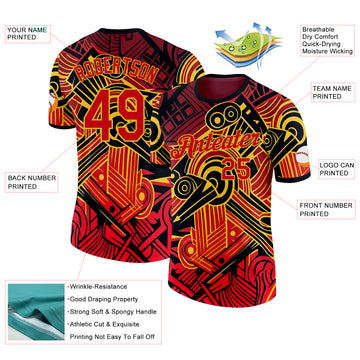 Custom Black Red-Yellow Belgium Abstract Performance T-Shirt