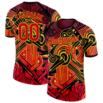 Custom Black Red-Yellow Belgium Abstract Performance T-Shirt