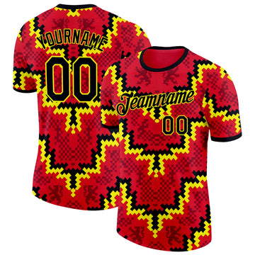 Custom Red Black-Yellow Belgium Mosaic Performance T-Shirt
