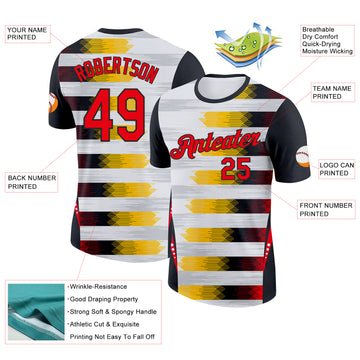 Custom White Fire Red Black-Yellow Germany Geometric Performance T-Shirt