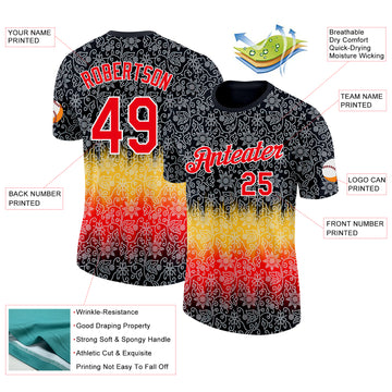 Custom Black Fire Red Yellow-White Germany Flower Performance T-Shirt