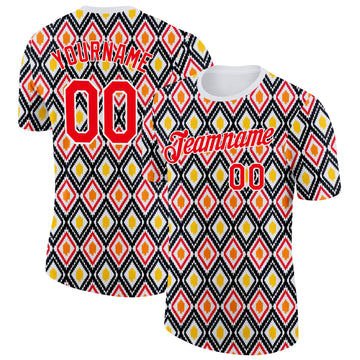 Custom White Fire Red Black-Yellow Germany Geometric Performance T-Shirt