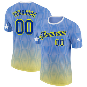 Custom Blue Royal Light Yellow-White Curacao Wave Performance T-Shirt