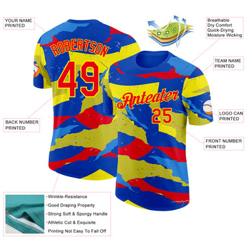 Custom Blue Fire Red-Light Yellow Ecuador Splash Performance T-Shirt