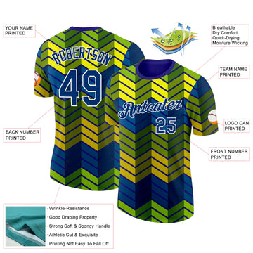 Custom Blue US Navy Blue Yellow Green-White Brazil Zigzag Geometric Shape Performance T-Shirt