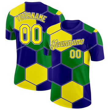 Custom Dark Purple Light Yellow Green-White Brazil Hexagons Geometric Shape Performance T-Shirt