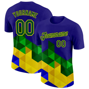 Custom Dark Purple Green-Light Yellow Brazil Triangle Geometric Shape Performance T-Shirt