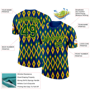 Custom Blue Green Yellow-Light Yellow Brazil Geometric Shape Performance T-Shirt