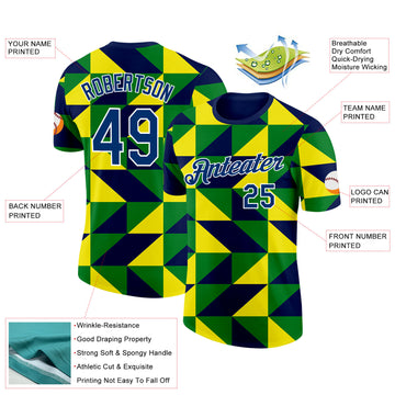 Custom Navy US Navy Blue Green Yellow-White Brazil Geometric Shape Performance T-Shirt