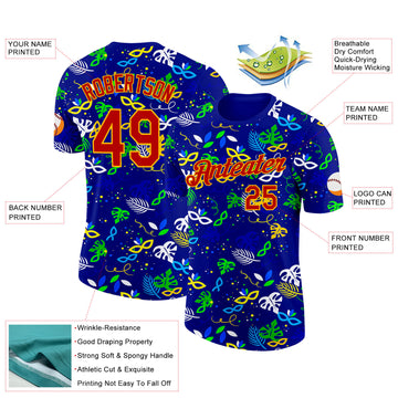 Custom Blue Red-Gold Brazil Tropical Leaves Performance T-Shirt