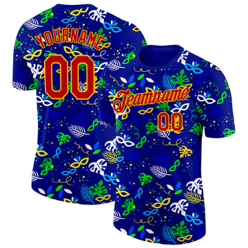 Custom Blue Red-Gold Brazil Tropical Leaves Performance T-Shirt