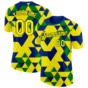 Custom Light Yellow Blue Green-Black Brazil Geometric Shape Performance T-Shirt