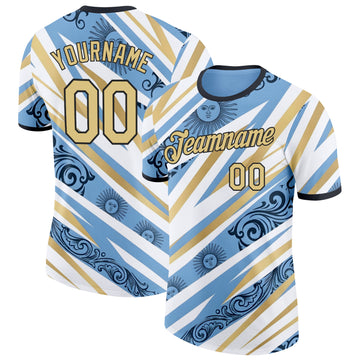 Custom Blue Vegas Gold Black-White Argentina Sun Line Performance T-Shirt