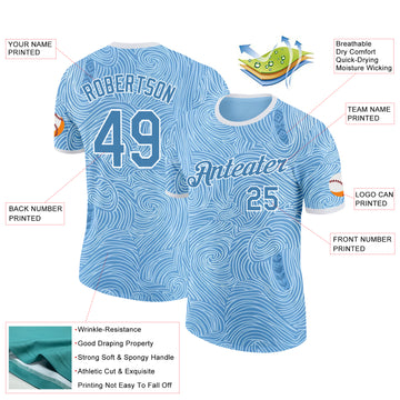 Custom Blue White Argentina Swirling Wave Performance T-Shirt